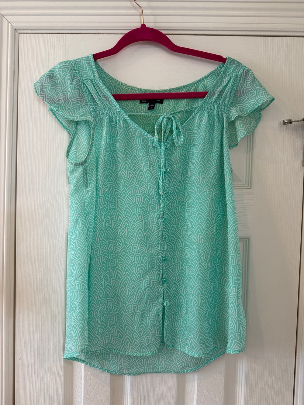 GAP Mint Green Patterned Short Sleeve Tie-Neck Blouse